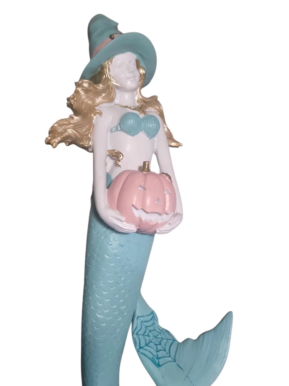 Halloween Turquoise Mermaid Witch Figurine with Pink Pumpkin